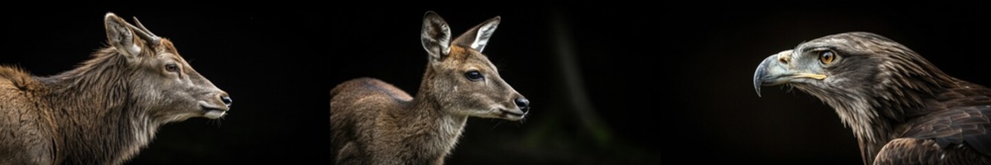 Fototapeta premium Engaging wildlife collage featuring a deer, fawn, and eagle, emphasizing their natural beauty.