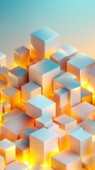 Obraz premium Energy Monitoring Double Exposure, Stunning Double Exposure Design Featuring Glowing Geometric Layers of Cubes with a Beautiful Gradient Background Transitioning from Blue to Orange