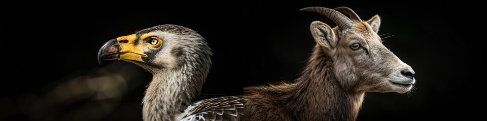 Obraz premium A captivating image of an eagle and a goat, highlighting their unique features and expressions against a dark background.