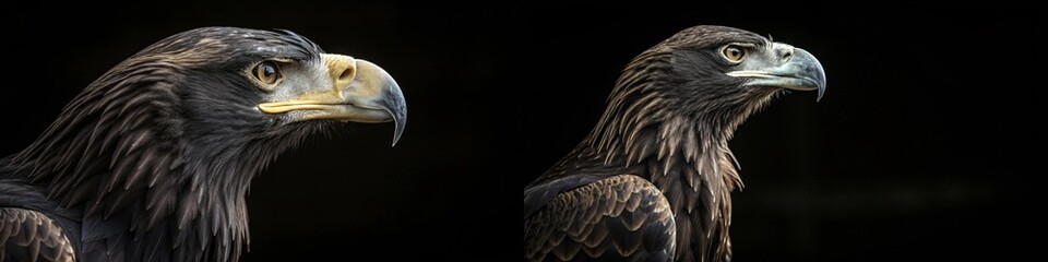 Obraz premium Majestic golden eagles in profile, highlighting their powerful beaks and intense gaze against a dark background.