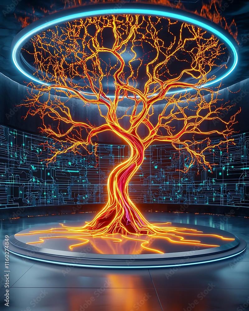 Poster energy monitoring double exposure, futuristic digital tree with neon energy flow in a high-tech envi