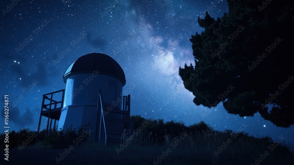 Poster An atmospheric astronomy observatory with telescopes under a starry sky, Celestial observation setup style, photo of