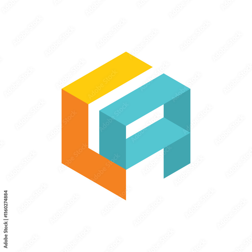Poster the image shows a 3d monogram logo design of an initial letter ca in hexagonal shape in blue and yel