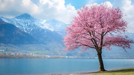 A magnificent and beautiful cherry blossom tree standing alone, with beautiful mountain and lake...