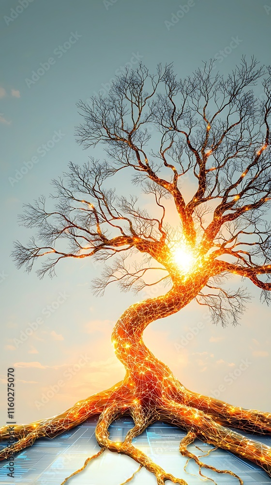 Poster energy monitoring double exposure, artistic representation of a shimmering tree with double exposure