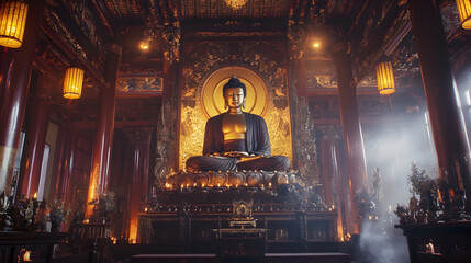 Obraz premium Majestic Buddha Sculpture in Illuminated Ornate Temple Interiors with Mystical Ambiance : Generative AI
