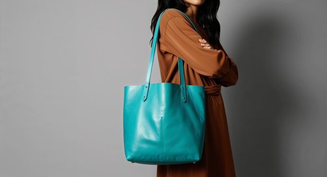 Turquoise leatherette tote bag on plain black background