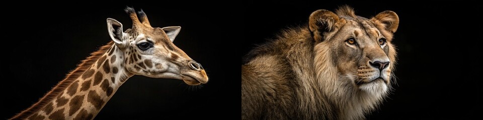 Fototapeta premium A beautiful juxtaposition of a giraffe and a lion, both captured in stunning detail.