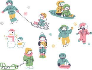 雪遊びをする子供たちのイラストセット