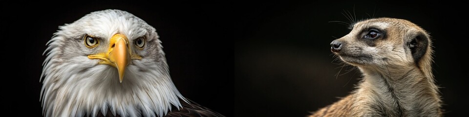 Obraz premium A striking close-up of a bald eagle and a curious meerkat, showcasing wildlife diversity.