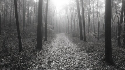 Naklejka premium Foggy forest path, leaf-covered ground, trees.