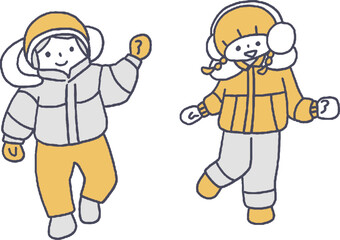 スキーウェアを着て遊ぶ子供たち単色