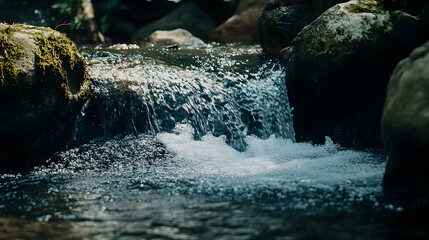Small forest cascade gently flowing over rocks surrounded by lush greenery creating tranquil scene : Generative AI
