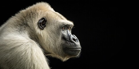 Obraz premium A majestic gorilla gazes thoughtfully, highlighting its powerful features and expressive eyes against a dark background.