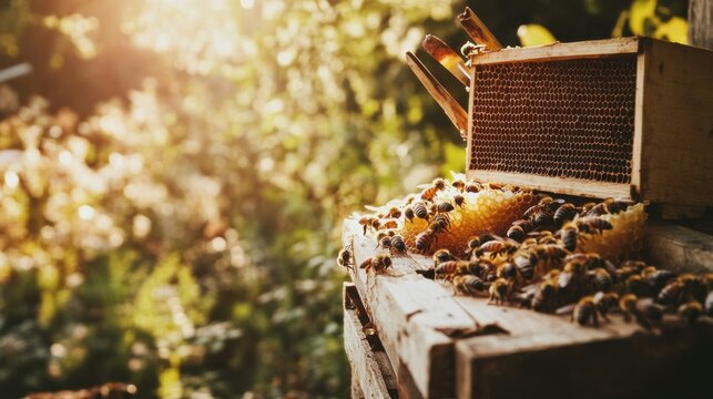 An atmospheric beekeeping apiary with tools for honey extraction, Apiarist's hive management style, photo of - Powered by Adobe