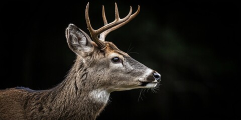 Elegant deer profile showcasing antlers and soft fur against a contrasting dark background.