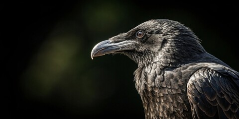 Naklejka premium Intense raven profile showcasing glossy feathers and sharp features against a dark background.