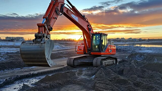 Modern orange excavator working on a construction site at sunset, with a blue sky and clouds in the background. Heavy machinery used for earthwork and land creation. 