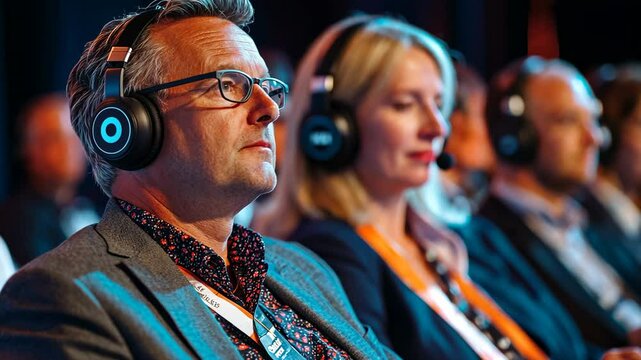Stylish middle-aged business people sitting in the audience at a conference or meeting, wearing headphones and taking notes while listening to a speaker