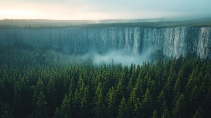 Misty forest, towering cliff face.