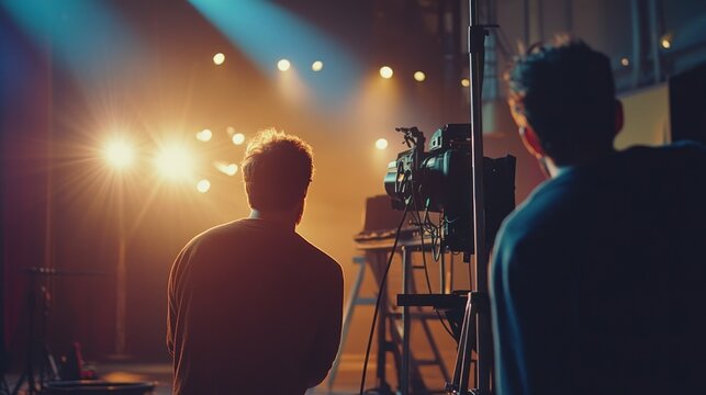 Film crew filming a performance on stage with bright lights.