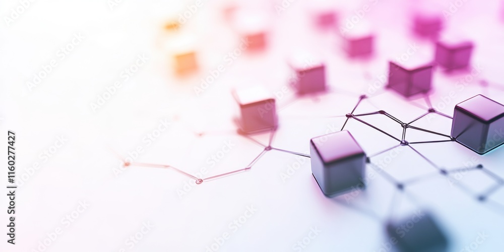 Poster a vibrant, abstract image featuring interconnected cubes and nodes, symbolizing technology, data, an