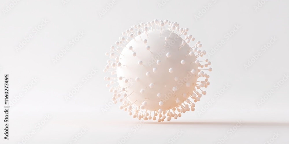 Poster a spherical object with a textured surface, resembling a virus, sits on a neutral background, highli