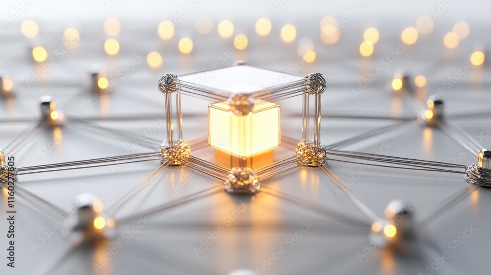 Poster a glowing cube sits at the center of a network, illuminated by surrounding lights, exemplifying mode