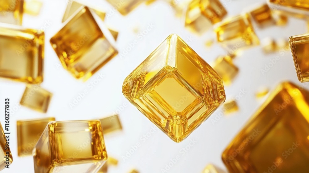 Poster a vibrant collection of floating golden cubes, showcasing a glossy texture against a light backgroun