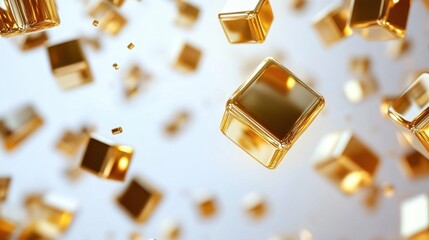 A dynamic scene showcasing floating golden cubes against a soft background, evoking a sense of luxury and abundance.