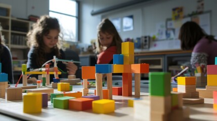 An educational STEAM lab with students constructing renewable energy models using blocks, Blocks arranged for renewable energy projects, STEAM education style