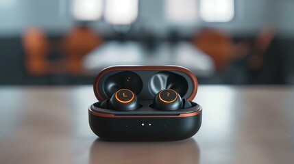 A pair of wireless earbuds in their charging case, elegantly displayed on a white background