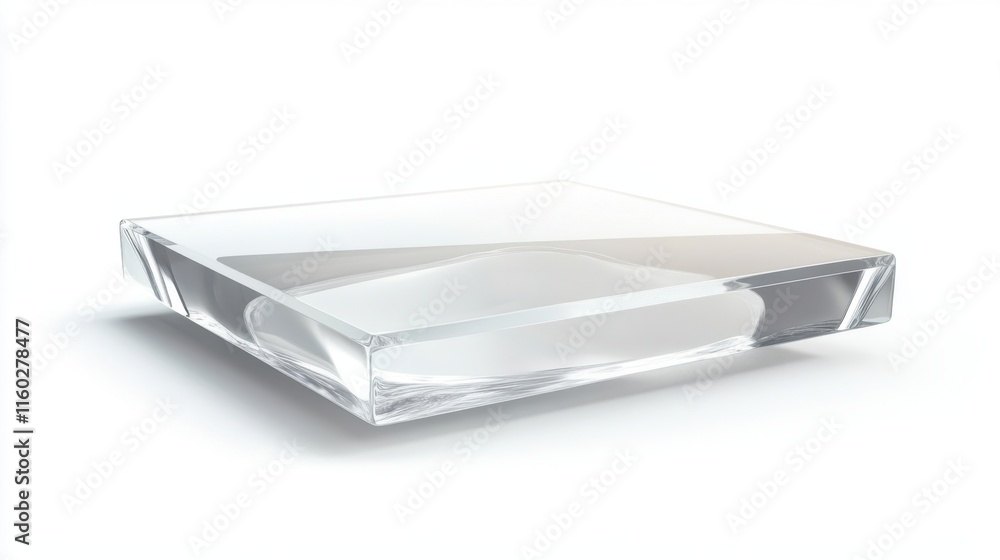 Poster a clear, rectangular glass object with a smooth surface, reflecting light, ideal for display or deco