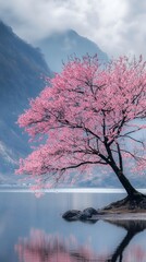 A magnificent and beautiful cherry blossom tree standing alone, with beautiful mountain and lake views