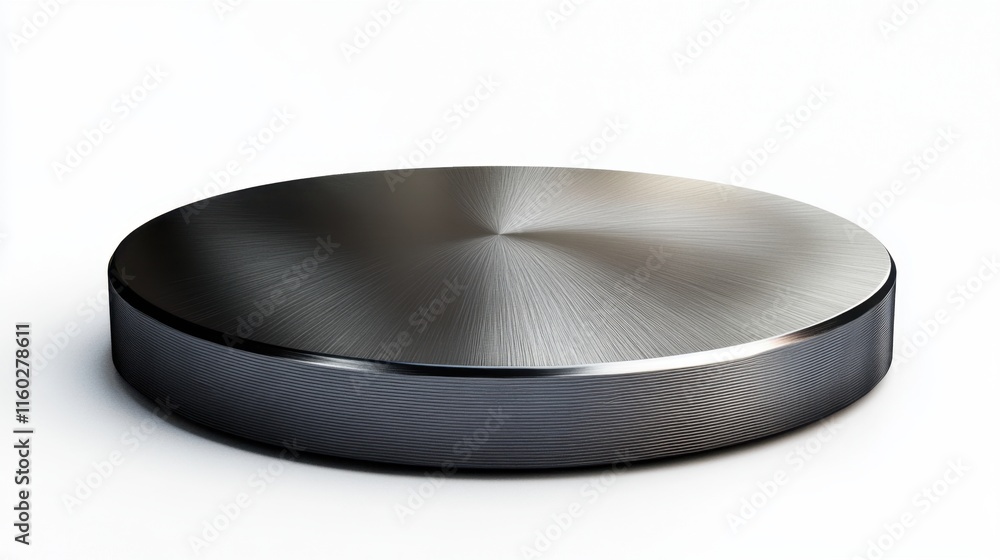 Poster a sleek, circular metallic object with a smooth surface, showcasing a minimalist design and subtle t