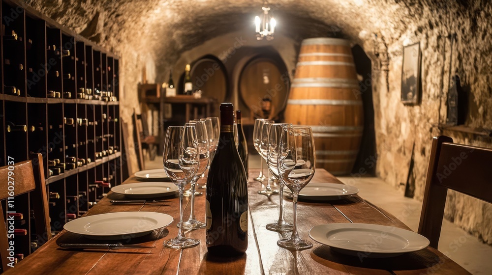Poster an elegantly set up home wine cellar and tasting room, wine bottles and tasting tables set for conno