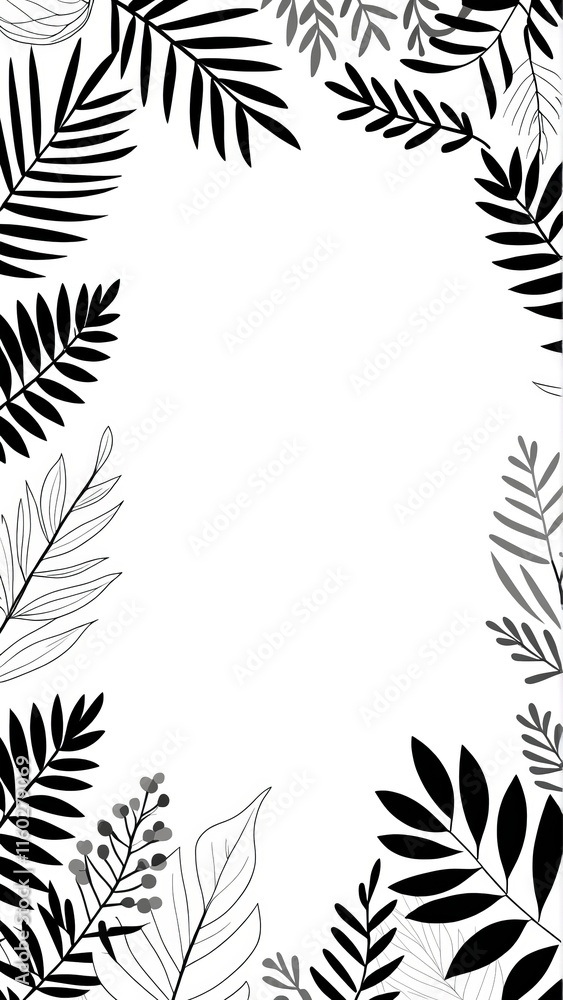 Poster elegant botanical frame design with black and grey leaf patterns on white background