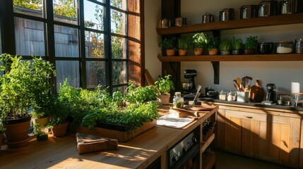 An elegantly set up indoor herb garden and culinary studio, Fresh herbs and kitchen tools for gourmet cooking, Culinary gardening style