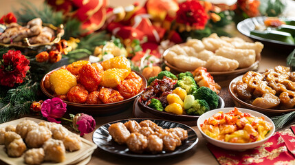 Vibrant Spread of Traditional Asian Dishes with Festive Decorations on Table : Generative AI
