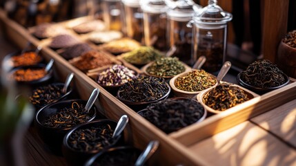 Fototapeta premium An elegantly set up tea blending workshop, Loose leaf teas and blending tools arranged for artisanal crafting, Gourmet tea style