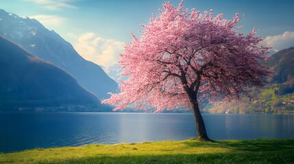 A magnificent and beautiful cherry blossom tree standing alone, with beautiful mountain and lake views