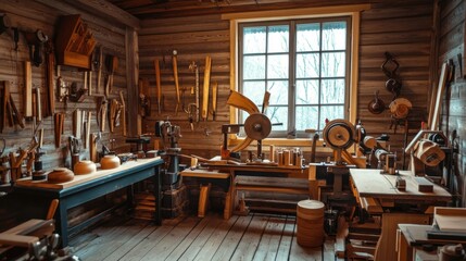 An elegantly set up woodworking and woodturning studio, Lathes and wooden creations in progress, Artisanal woodcraft style