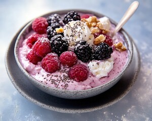 Delicious smoothie bowl topped with berries and nuts.