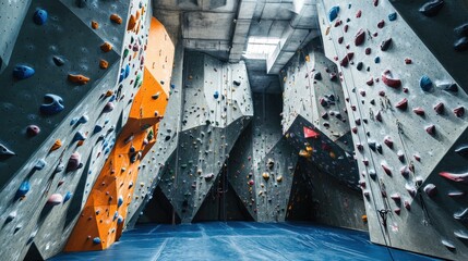 An energetic rock climbing gym with climbing equipment and challenging walls, Climbing enthusiasts tackling vertical ascents in an indoor setting, Adventure sport style