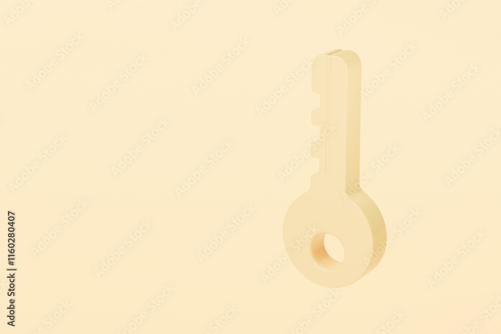 Poster 3d key with a simple round design. lock security and safety concept. minimal cartoon shiny orange ca