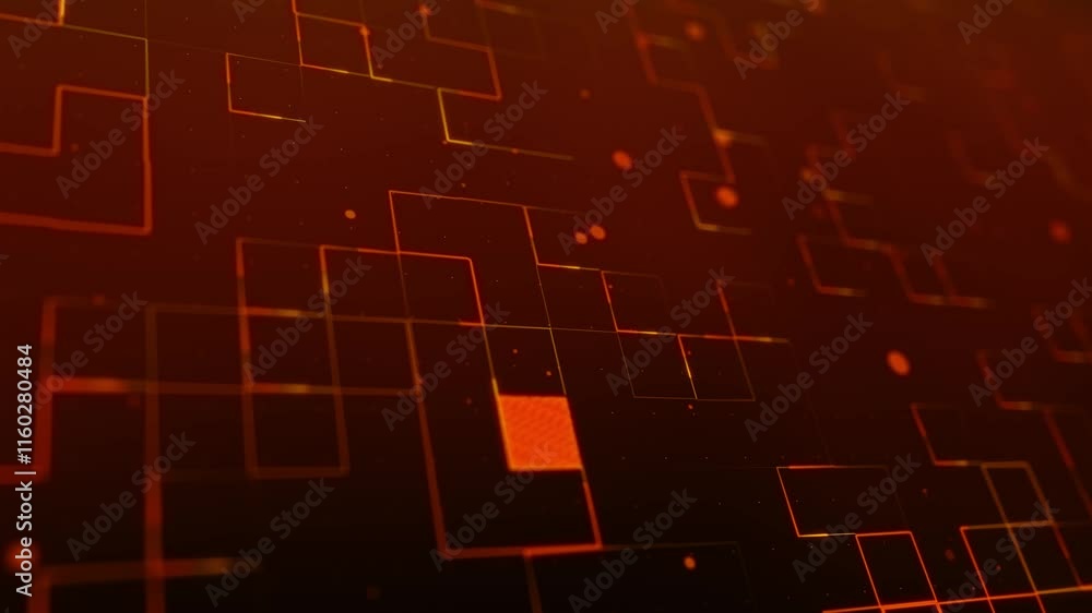 Poster orange matrix glowing lines and particles grid on an abstract background, bokeh effect, horizontal c