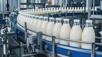 Modern Dairy Processing Plant with Conveyor Belt, Glass Bottles Filled with Milk, Consistent Production Line, Large-Scale Manufacturing Setup, White Bottle Caps, Machinery and Control Mechanisms 