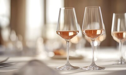 Two elegant glasses of ros? wine on a beautifully set dining table.