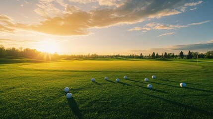An expansive golf driving range at golden hour, Golf balls scattered across a lush driving range, Golden hour elegance style