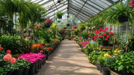 An expansive greenhouse with gardening tools and exotic plants, Gardener's oasis amidst rows of vibrant flowers and lush foliage, Botanical sanctuary style